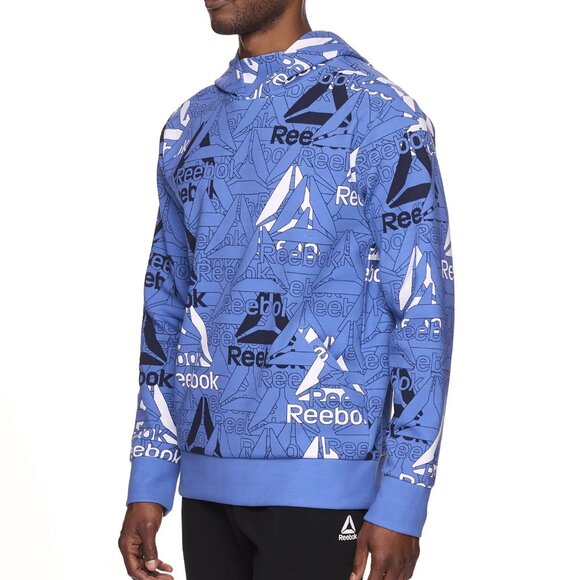 Men's Pullover Hoodie Breathable All Over Reebok Logo with Pockets Blue Size 2XL - Picture 5 of 8